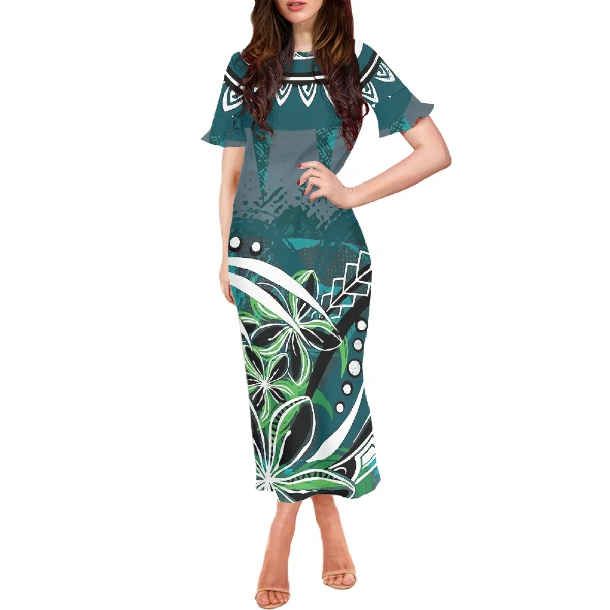 

HYCOOL Wholesale Price Samoan Tribe Lady Dresses Custom Hawaiian Flower Polynesian Print Woman Long Bodycon Dress