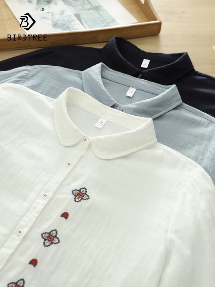 New 2026 Spring Women Cotton Yarn Long Sleeve Shirt, Lapel Embroidery, Mori Girl Preppy Style Comfortable Loose Blouse T61955CC