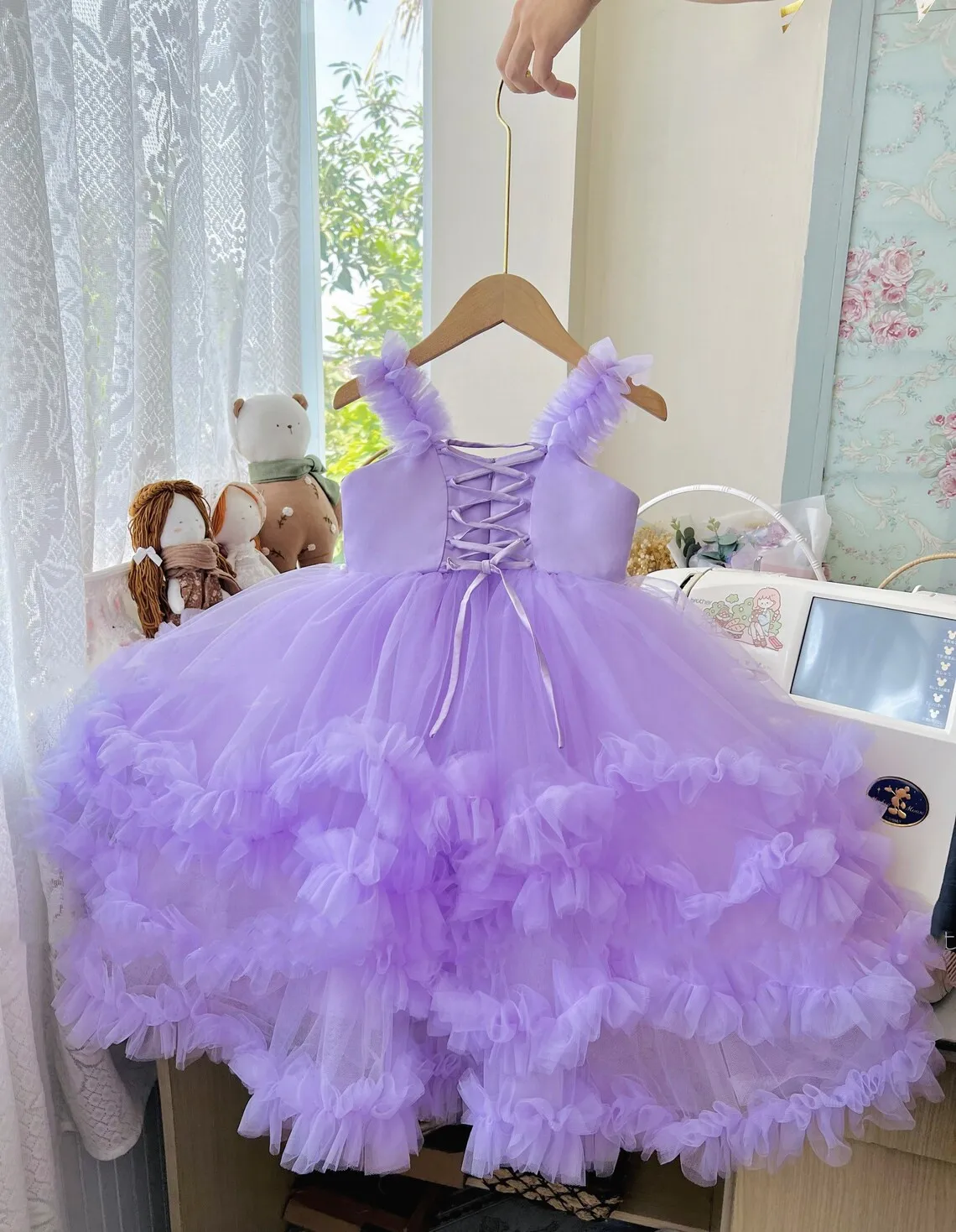 

Purple Puffy Flower Girl Dresses With Pearls Ruffles Ankle Length Kids Birthday Suspender Gown Pageant First Communion Wear