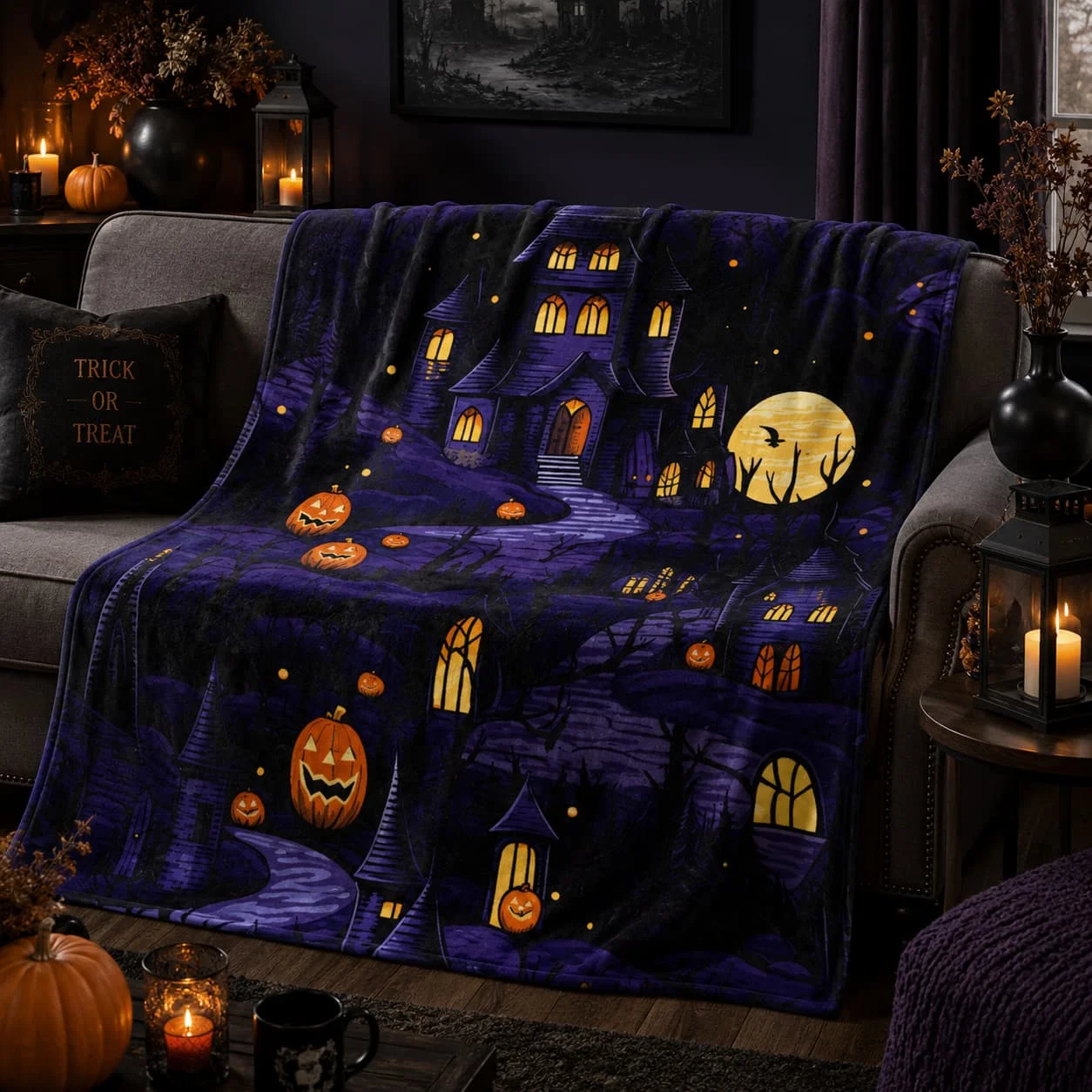 Haunted House Halloween Blanket, Vintage Gothic Horror Bedding |   Fall Home Decor |