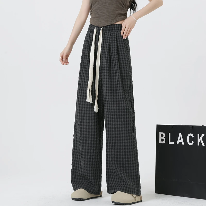 

Women Long Pants 2024 Summer Y2K Print Plaid Pants Loose Straight Elastic Waist Wide Women Trousers Casual Soft Pants Popular