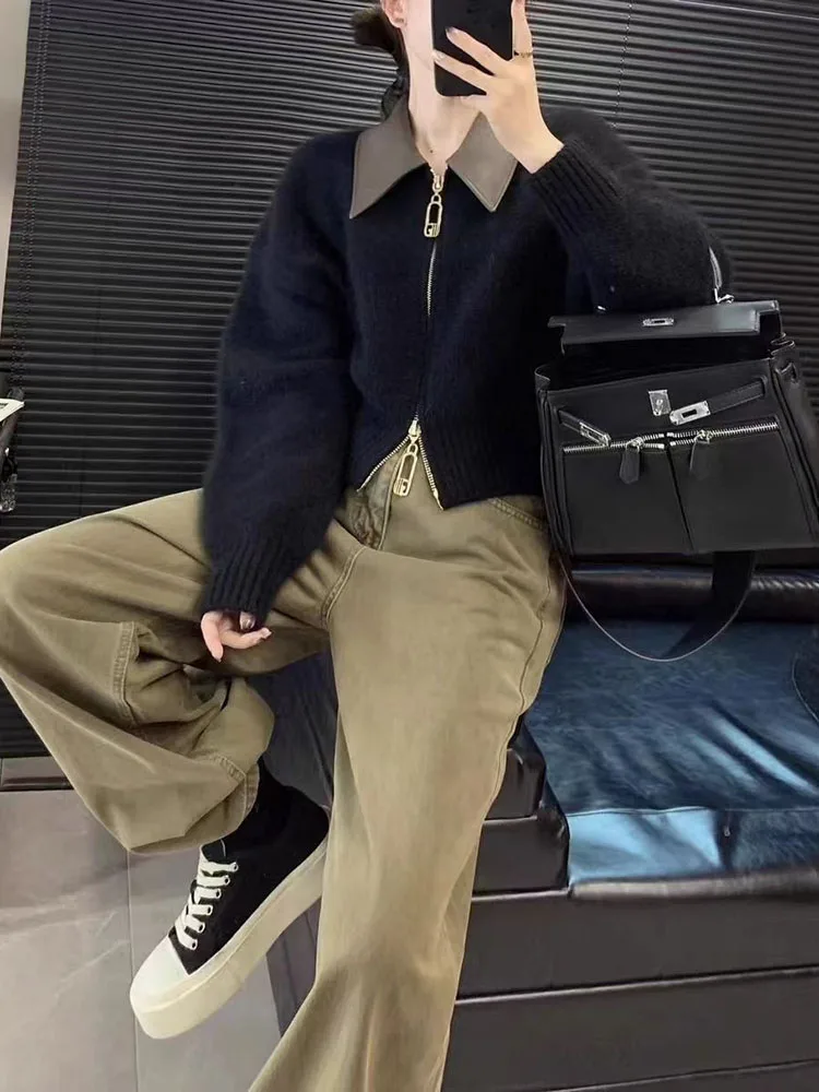 المرقعة التلبيب سستة سترة فضفاضة المرأة عادية بولو طوق محبوك سترة لينة سستة موضة تريكو جيليه