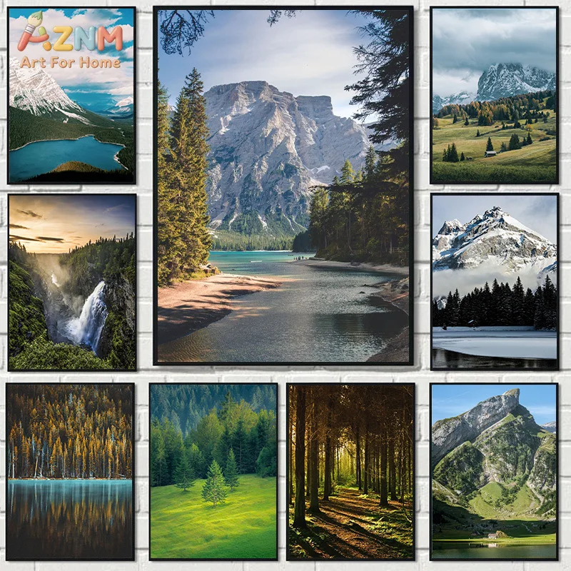 AZNM Natural Mountain Lake Forest Canvas Print Snow Peak Waterfall Pine Tree Wilderness Scenery Outdoor Landscape Wall Poster Un