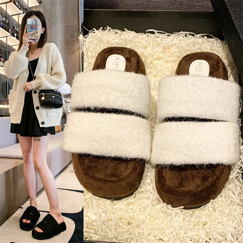 Fashionable and versatile woolen slippers with thick soles, women's autumn and winter 2024 new commuting woolen slippers