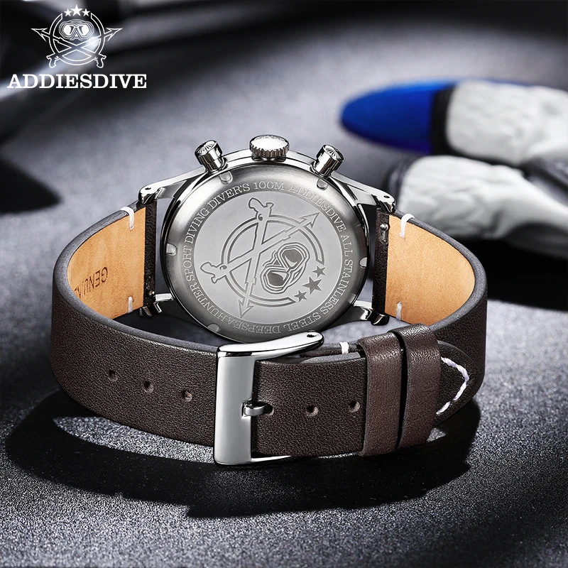 ADDIESDIVE Luxury VK64 Quartz Watches Men AD2037 38mm Bubble Mirror Glass 100m Dive Waterproof Leather Chronograph Watch For Man