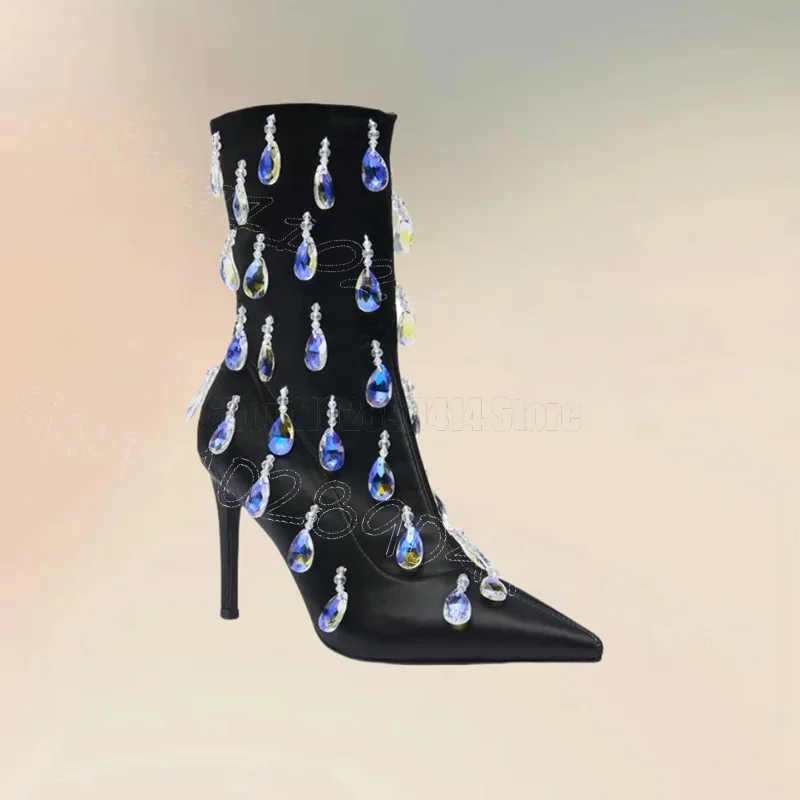 크리스탈 펜던트 블랙 실크 뾰족코 부츠 사이드 지퍼 여성 신발 얇은 하이힐 파티용 2025 여성용 신발