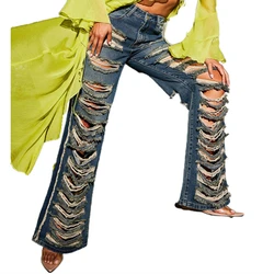 Sexy Front Back Hole Ripped Washed Denim High Waist Jeans Women Flare Pants Fashion Easy Matching Trousers Streetwear Pantalones