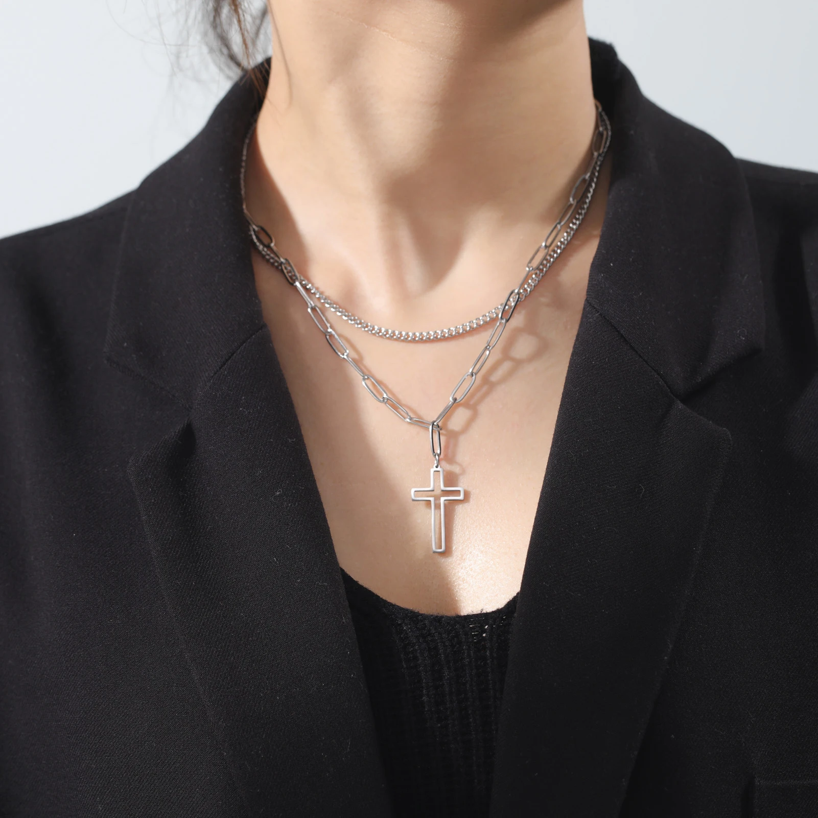 

Kkjoy Fashion Stainless Steel Gold Color Cross Pendant Necklace For Women Double Layer Chain Symbol Religious Jewelry Gift