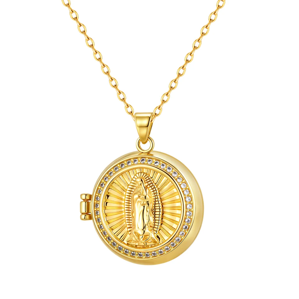Gold Zircon Virgin Mary Pendant Necklace for Women