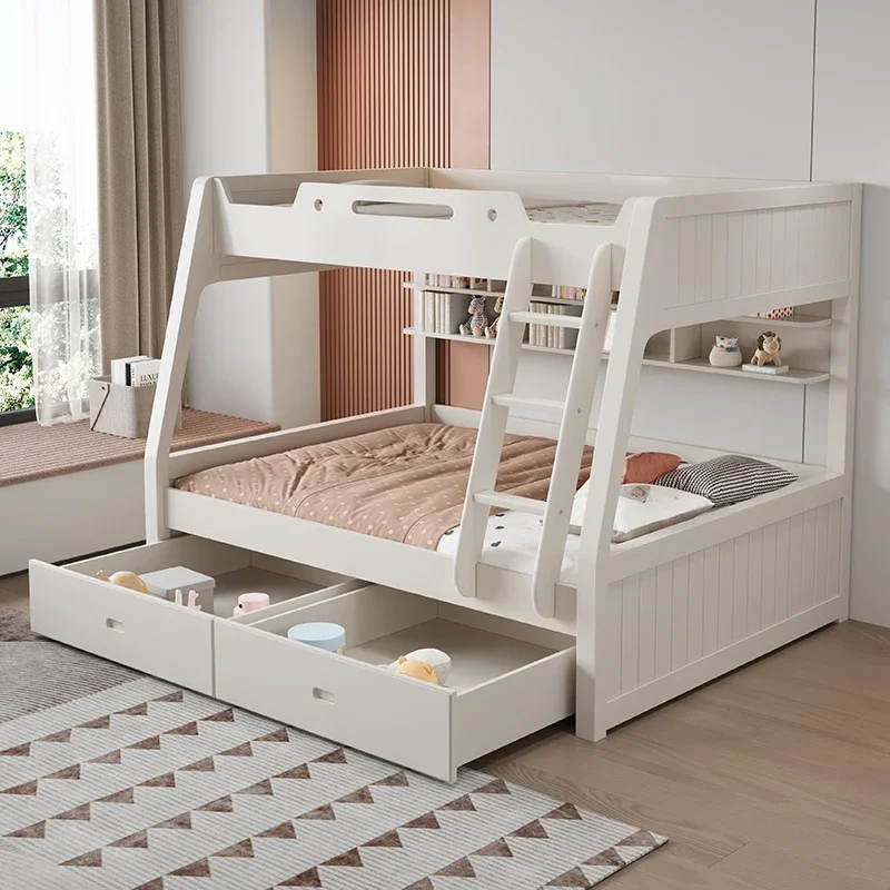 Customized Kids Bedroom Furniture Solid Wooden Children Bunk Beds Kids Bed With Two Storage Drawers White