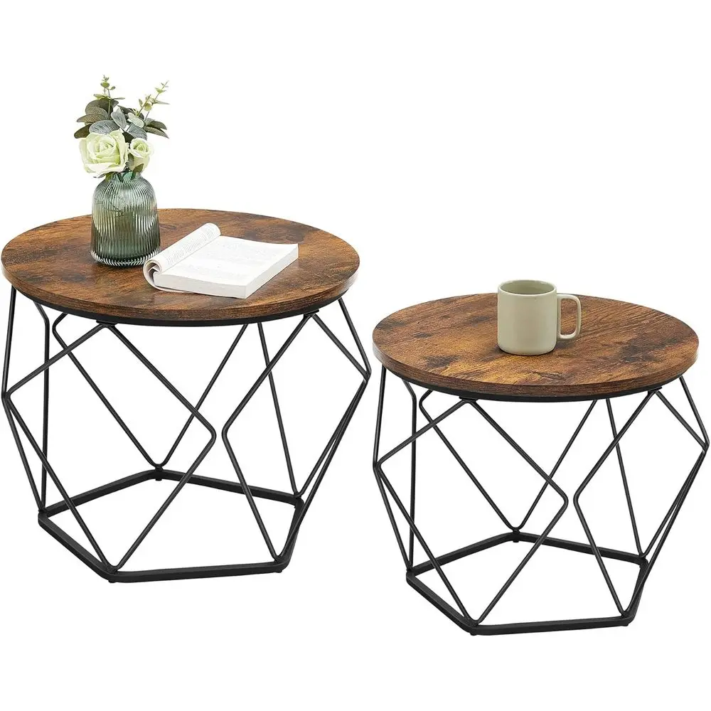 

Small Coee Table Set o 2, Round Coee Table with Steel e, Side End Table or Living Room, Bedroom, Oice, Rustic Brown and Ink Blac