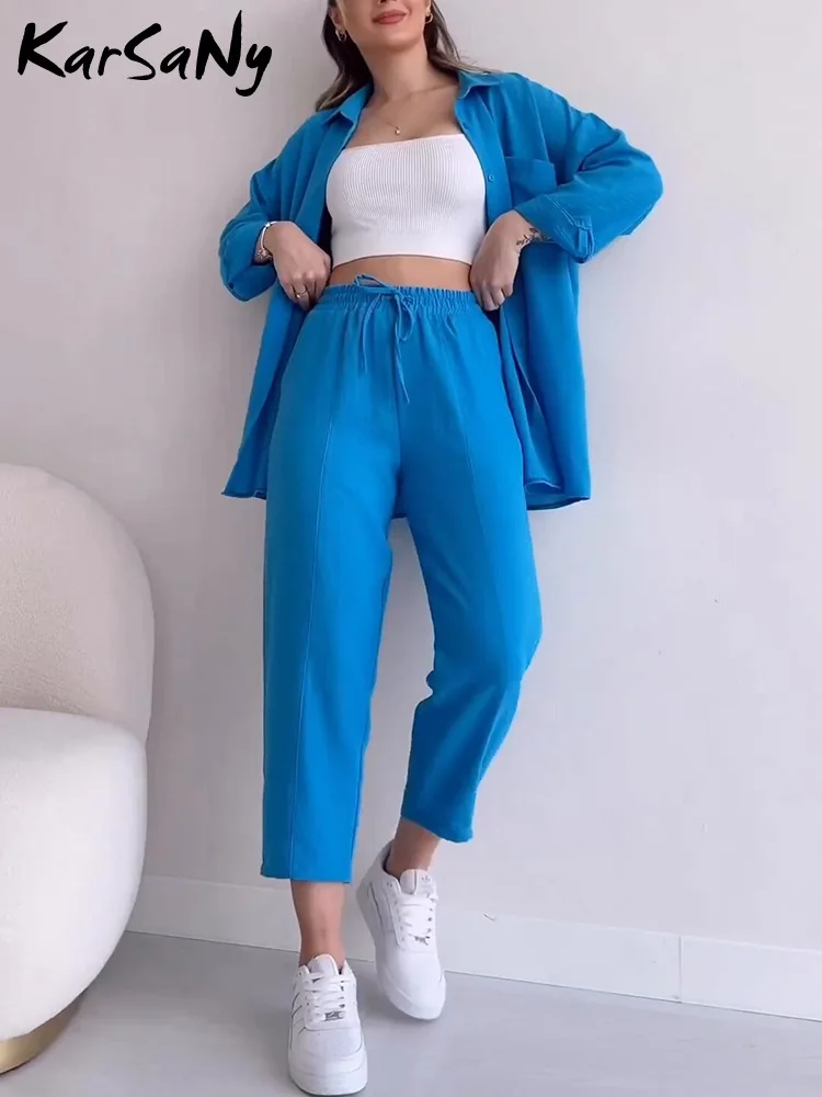 Long Solid Color Sleeved Shirt 2024 New Spring Women\'s Fashion Suit New Two Piece Set Pants Sets Loose Women\'s Suit Pants Sets