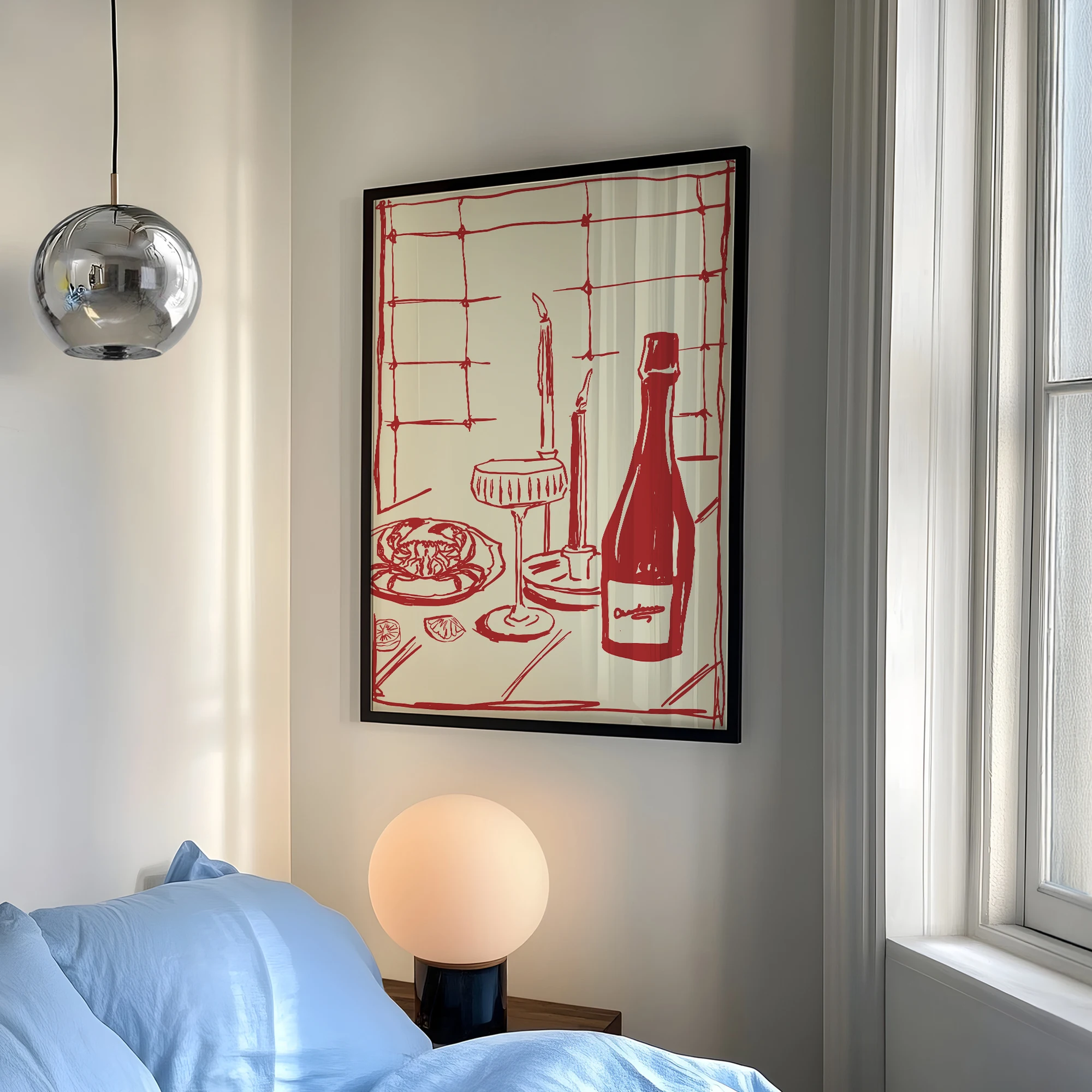 Red Hand Drawn Dining With Wine And Crab Modern Food Art For Pink Kitchen Decor Living Room Bedroom Home Decor