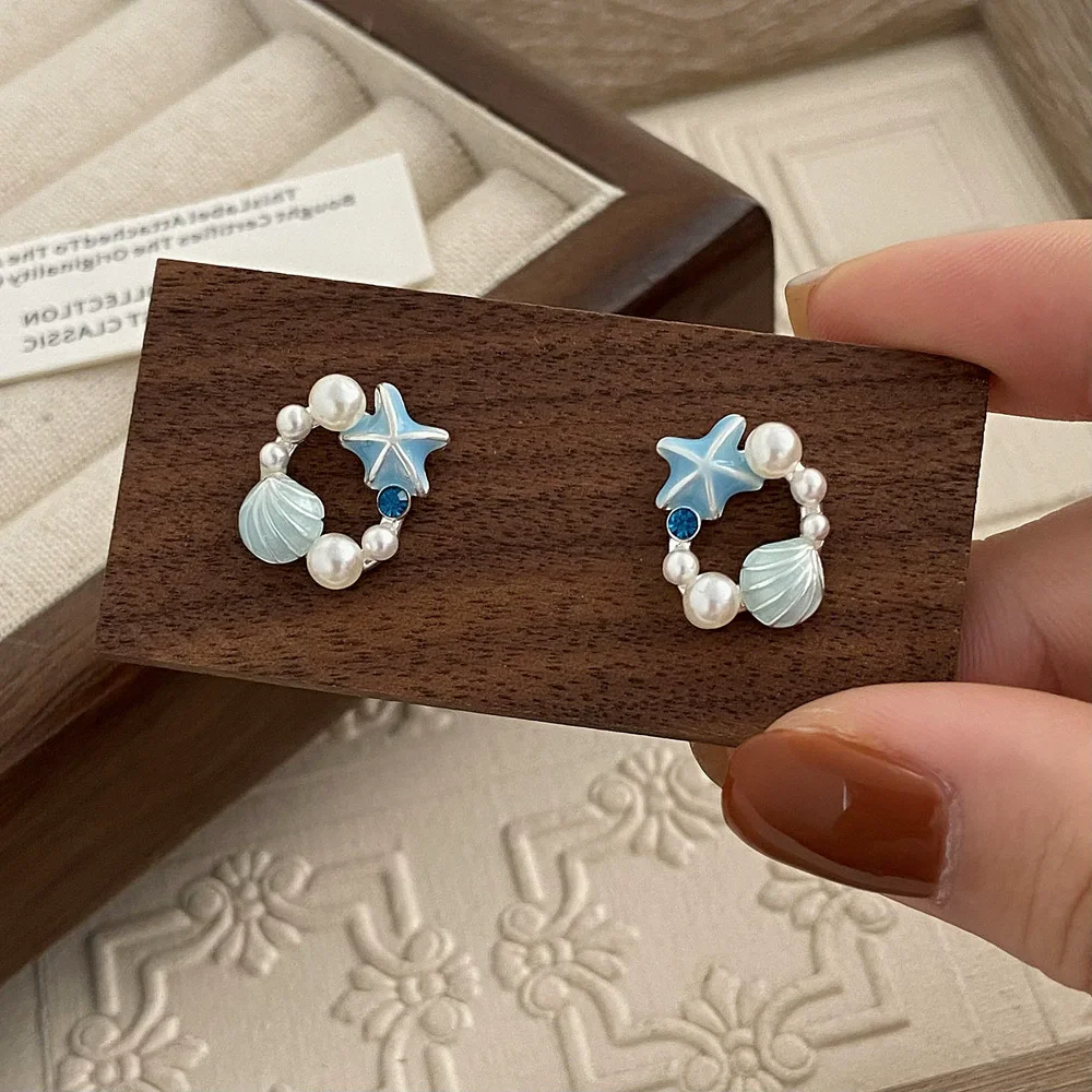 Cute Small Girls Starfish Shell Charms Earrings Fashion Mini Imitation Pearl Round Circle Stud Earrings for Women Sweet Jewelry