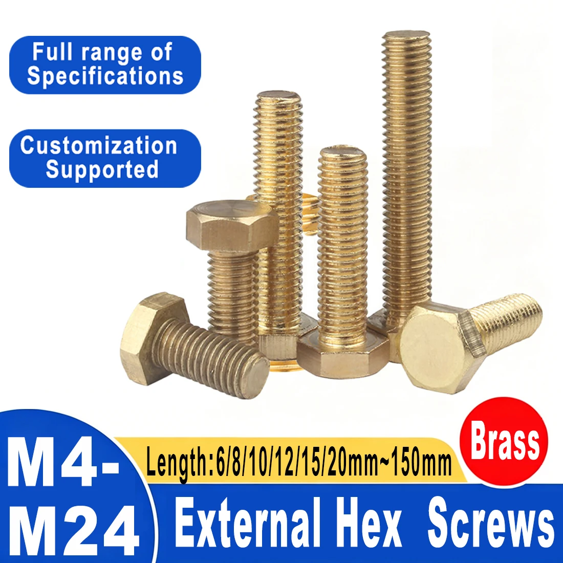 M4 M5 M6 M8 M10 ~M24 Brass Hexagon Bolt Full Thread Outer Hex Screw  Metric Thread Length 6/8/10/12/15mm~150mm