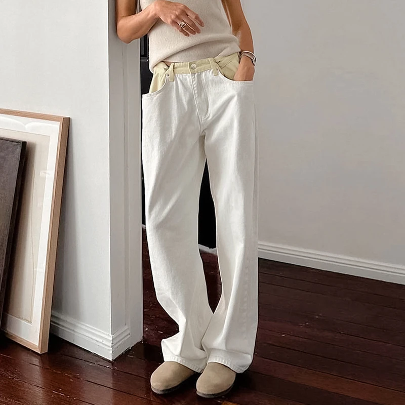 DGLUKE Color Block Y2K Pants Woman High Waist Cotton Denim Trousers High Street Straight Jeans Pants Autumn Winter 2024