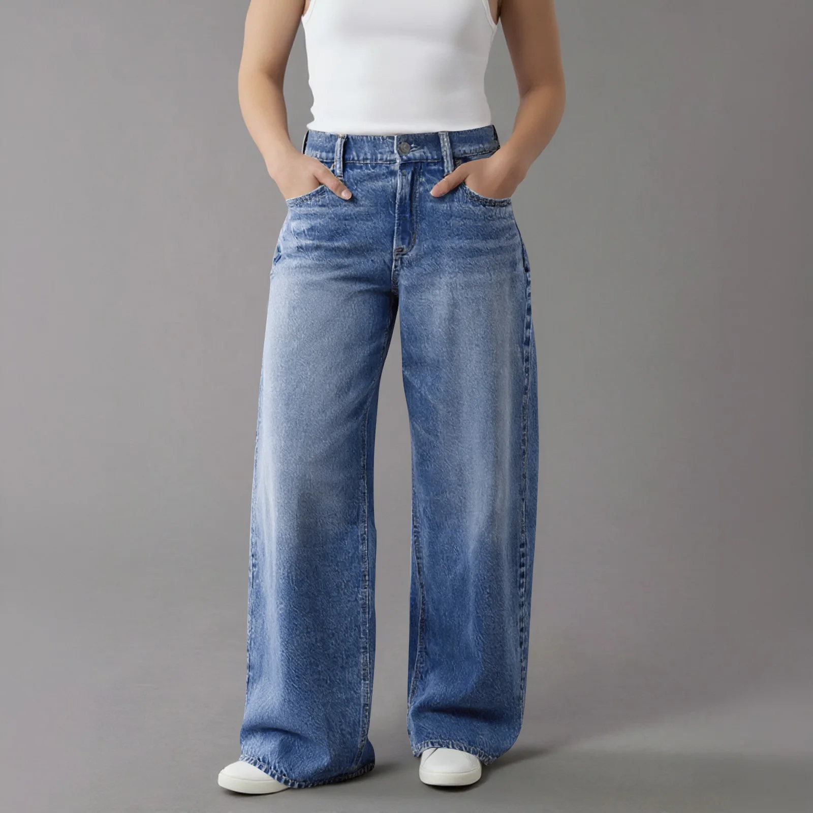 

Свободные широкие повседневные джинсы, женские универсальные длинные джинсы из смеси хлопка с высокой талией, весенне-осенняя одежда для молодых женщин