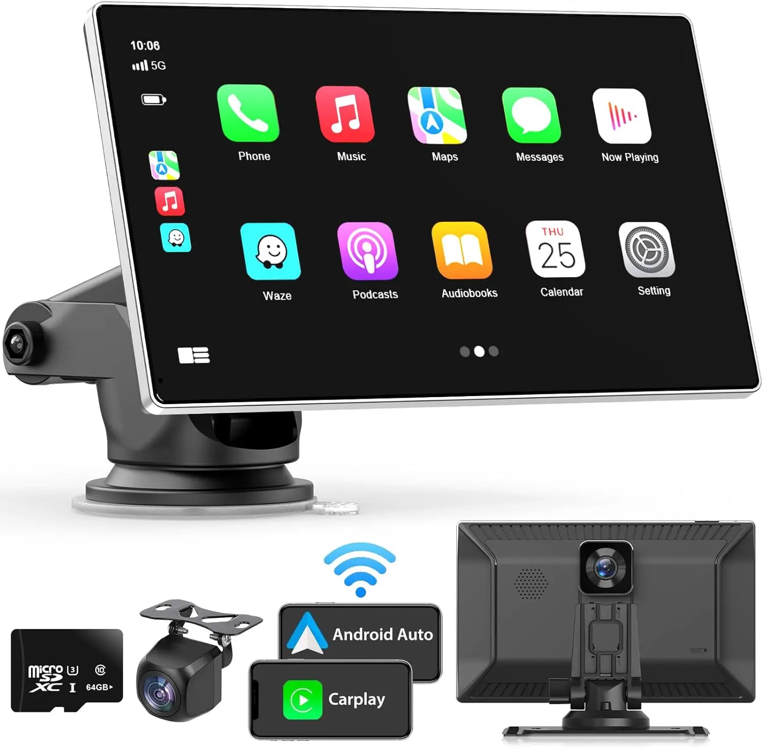 

Portable Apple Carplay Screen for Car, 9" Wireless Apple Carplay & Android Auto,4K Dash Cam,1080p Backup Camera DVR