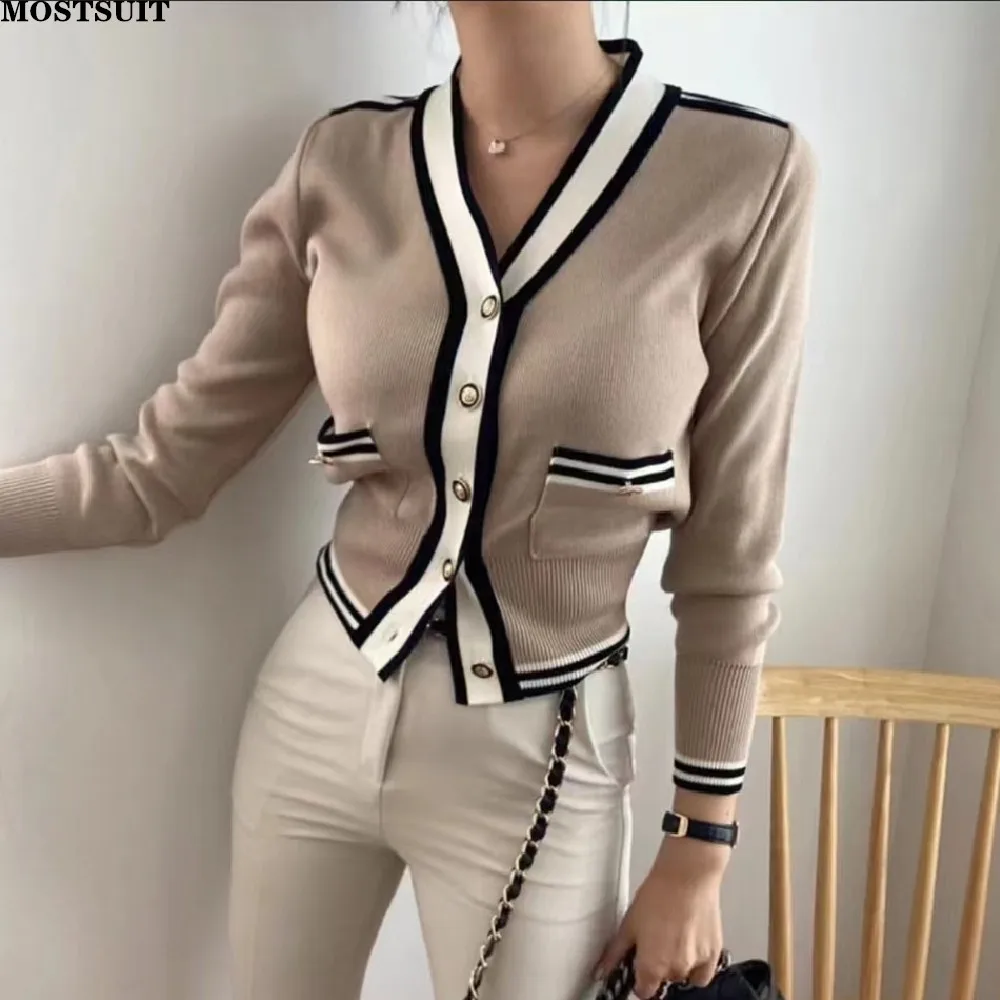 Striped Edge Korean Chic Knitted Sweater Cardigan Women Vintage Workwear Ladies Tops Knitwear Long Sleeve V-neck Jumpers 2022