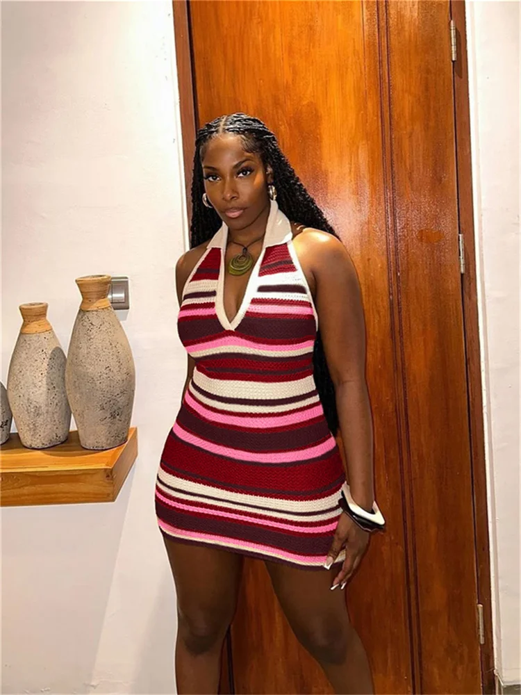 Weird Puss Crochet Stripe Patchwork Dress Women Halter Polo-Neck Backless Sleeveless Skinny Peach Hip Sexy Fashion Mini Bodycon