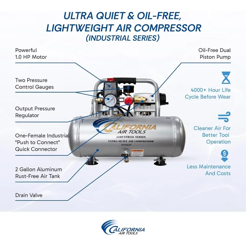 California Air Tools 2010ALFC 1.0 HP Ultra Quiet and Oil-Free Air Compressor, 2 Gallon Aluminum Tank, 60 dBA Noise Level