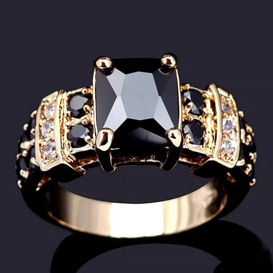 

Gold-Tone Statement Ring with Black Square Gem and Crystal Accents