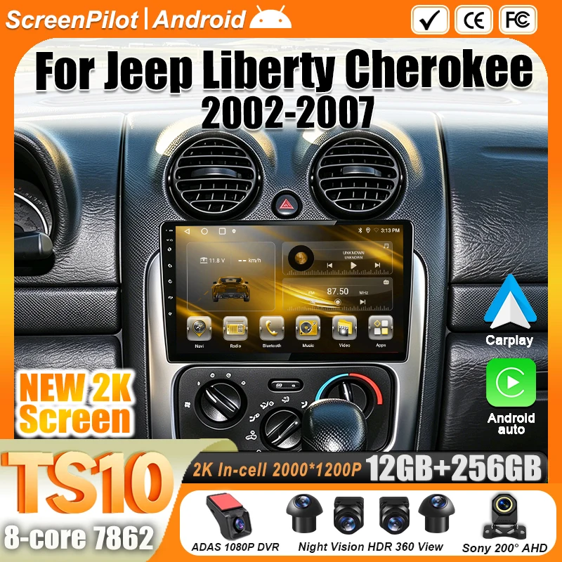 Android 16 For Jeep Liberty Cherokee  2002-2007 Car Radio Stereo Head Unit Multimedia Video Player GPS Navigation 2K QLED 9 Inch