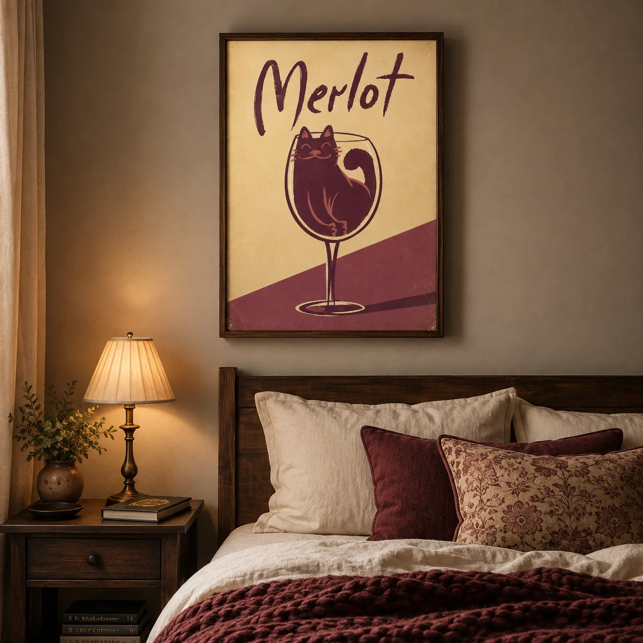 Merlot Cat Wine Glass Poster,Canvas Wall Print,Modern Art Illustration,HighGrade Home Decoration Artwork for Bedroom,Living Room