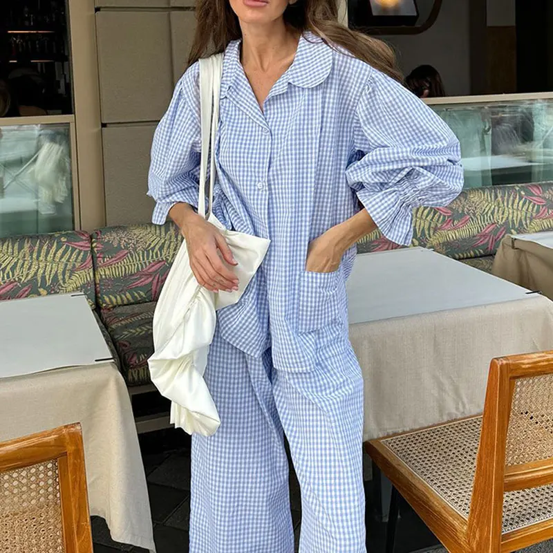 Women Two Pieces Spring 50% Cotton Pajamas Suits Plaid Print Long Sleeve Pijama Flare Sleeve Blouses Tops With Pants Pajamas