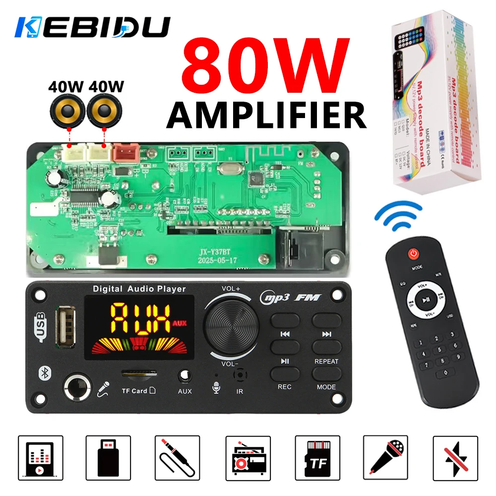 KEBIDU 80W Verstärker Bluetooth MP3 Decoder Board DIY Heim-MP3-Player Auto FM Radio Musikmodul USB Mikrofon Aufnahme- und Anruffunktion für Lautsprecher