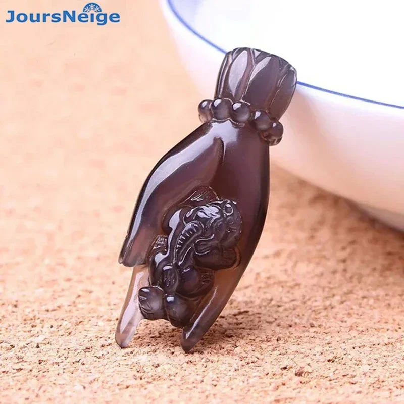 

Dropshipping High Quality Ice Black Natural Obsidian Carved Buddha Hand Pi Xiu Lucky Pendant Necklace For Women Men Jewelry