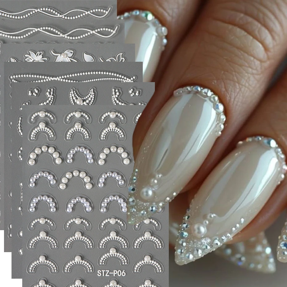 6pcs 화이트 5D 진주 보석 프랑스어 라인 네일 아트 스티커, 우아한 프랑스어 레이스 웨이브 라인 네일 데칼 Y2K 매니큐어 용품