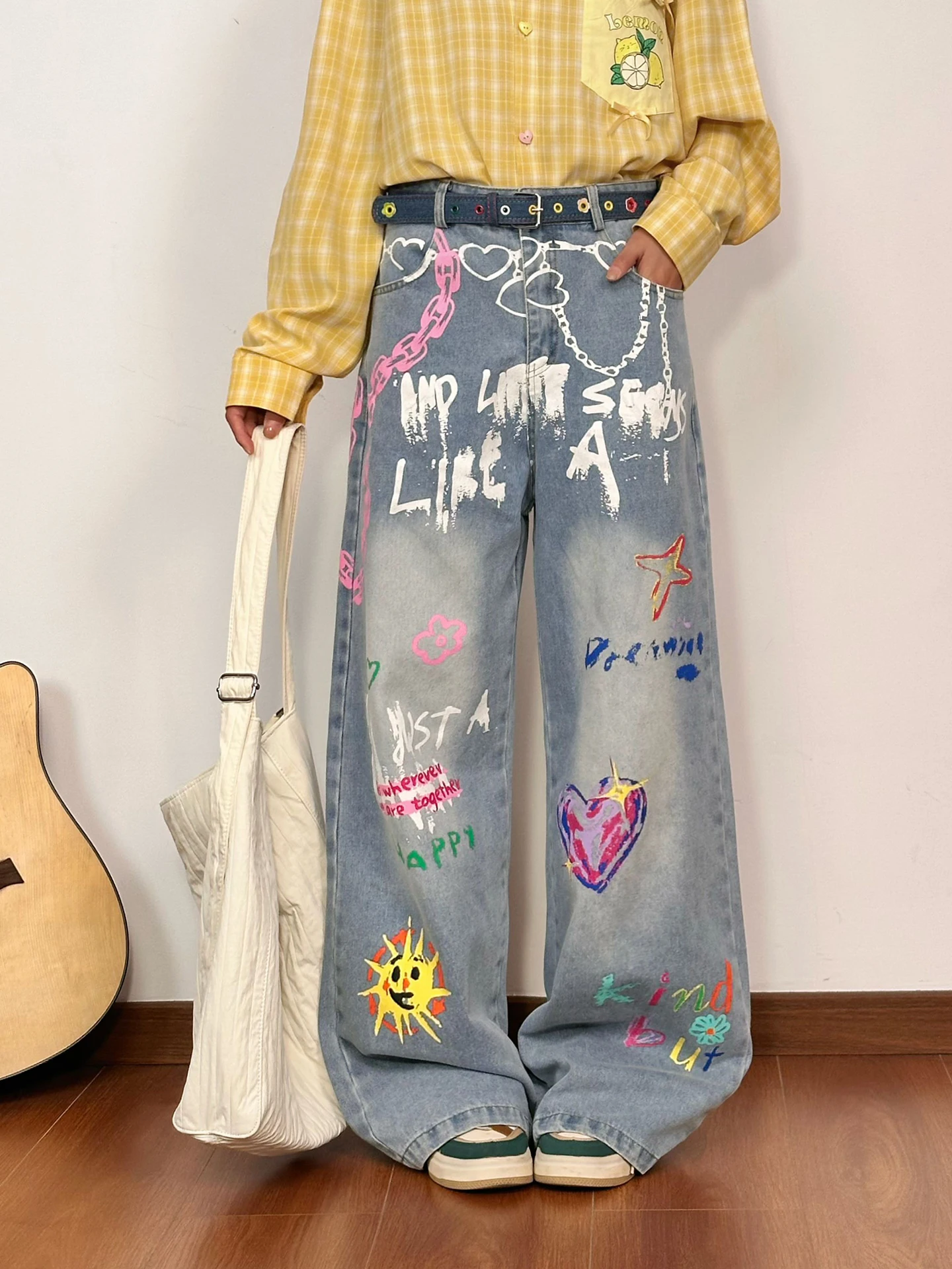 

SOLDOUT Cool Fun Graffiti Print Women's Jeans Casual Loose Leggings Washed Slimming Denim Pants Vintage Style All Seasons