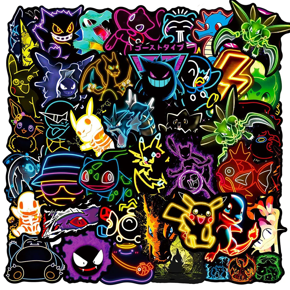 10/30/50pcs Kawaii Anime Pokemon Neon Light Stickers Cute Pikachu Eevee Sticker Luggage Notebook Phone Cartoon Waterproof Decals