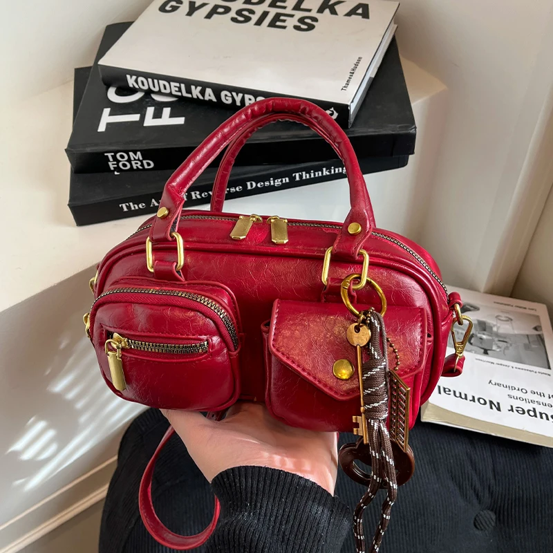 Burgundy Handbag Red Women's Bag Double Pocket Design Crossbody Mini Bag Solid Color Pu Leather Lady Bag Black Tote Fashion Bag