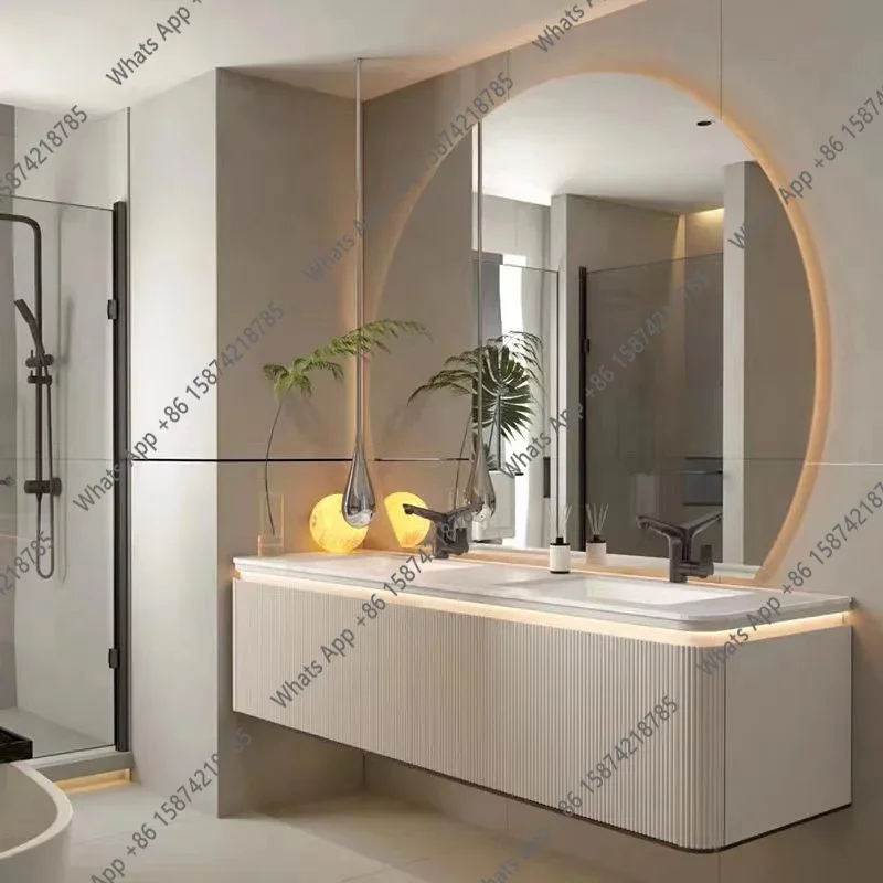 X69 New Bathroom Cabinet Luxury Vanity Set With Oak Wood Paint-Washed Washbasin High-End Rock Slab Thermo-Bent Design Furniture