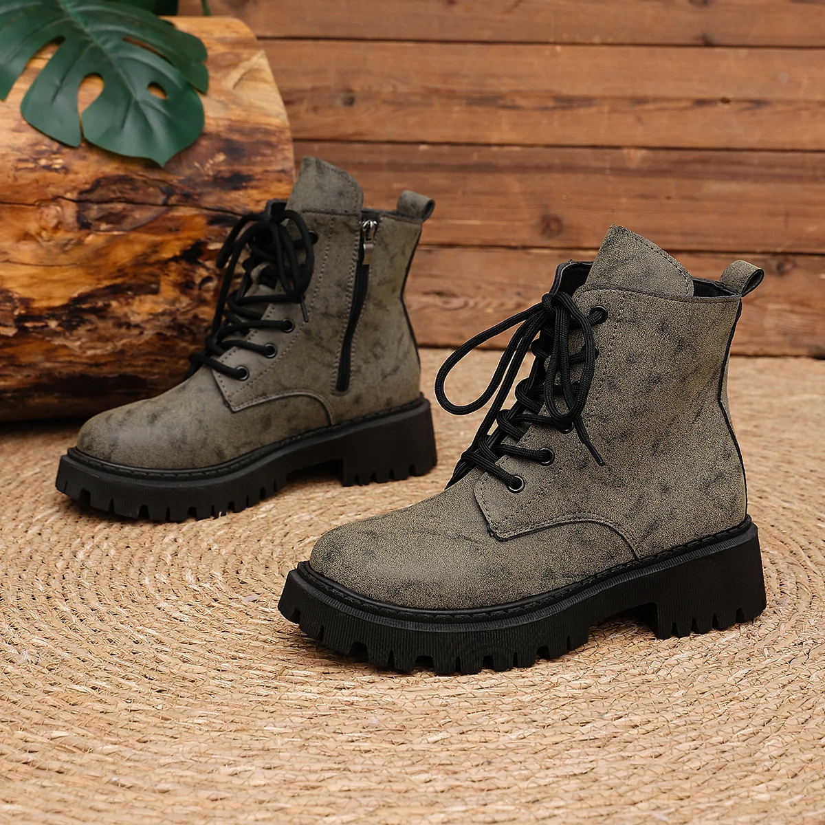 Ladies Lace Up Ankle Boots, Distressed Faux Suede Thick Platform Sole Side Zip Short Boots