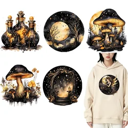Black and Gold Magic Elf Mushroom DTF Thermo Sticker Decals Heat Transfer On Clothes Iron On Patch For Hoodies Press Printing