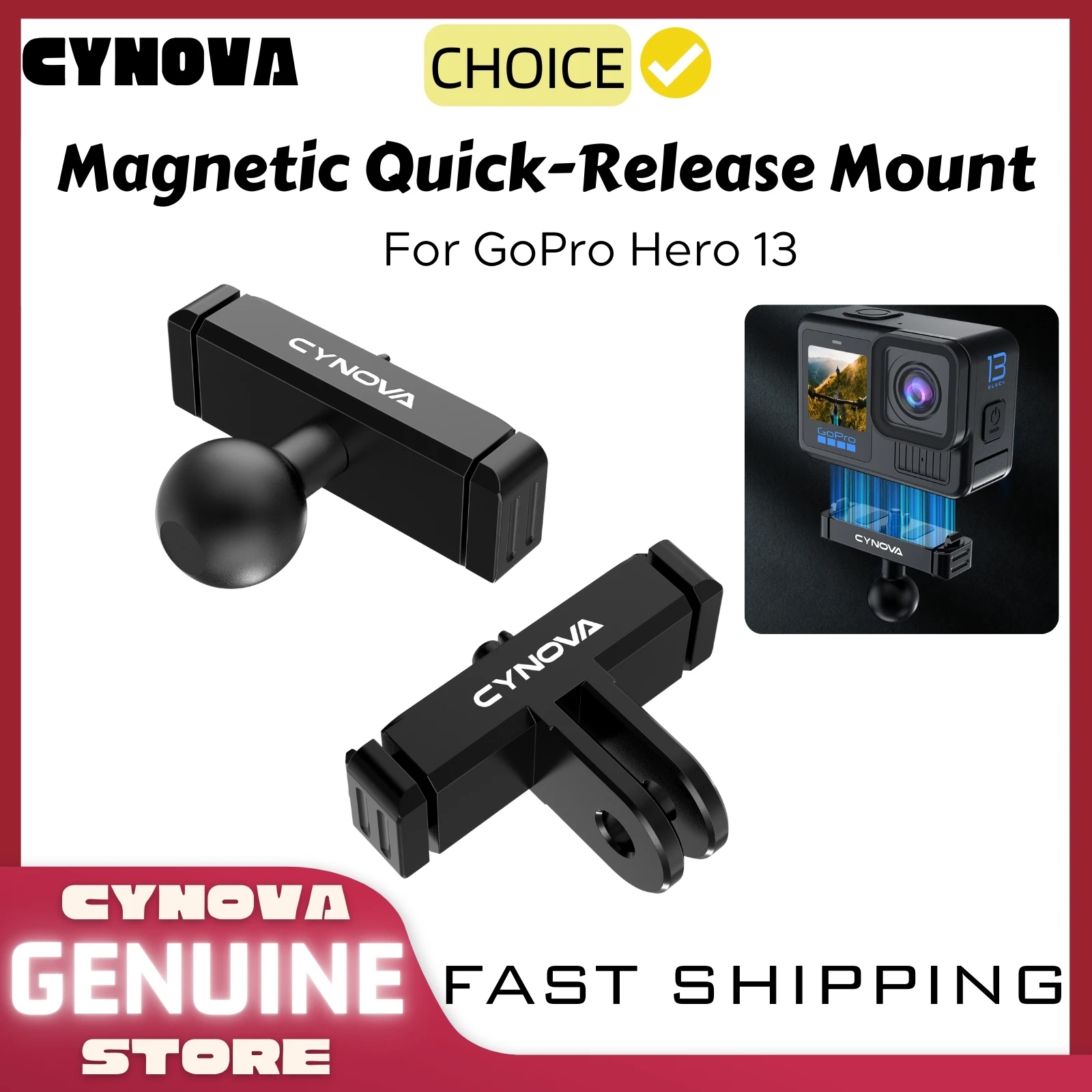 CYNOVA For GoPro Hero 13 Magnetic Quick Release Mount Aluminum Mag Latch Adapter Ball Joint For Go Pro Hero 13 Black Accessories