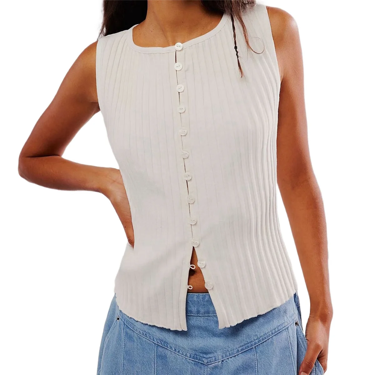 

Women Button Down Vest Ribbed Sleeveless Cardigan Tank Top Y2k Crewneck Slim Fit Knit Vest Tops Going Out Crop Top White L