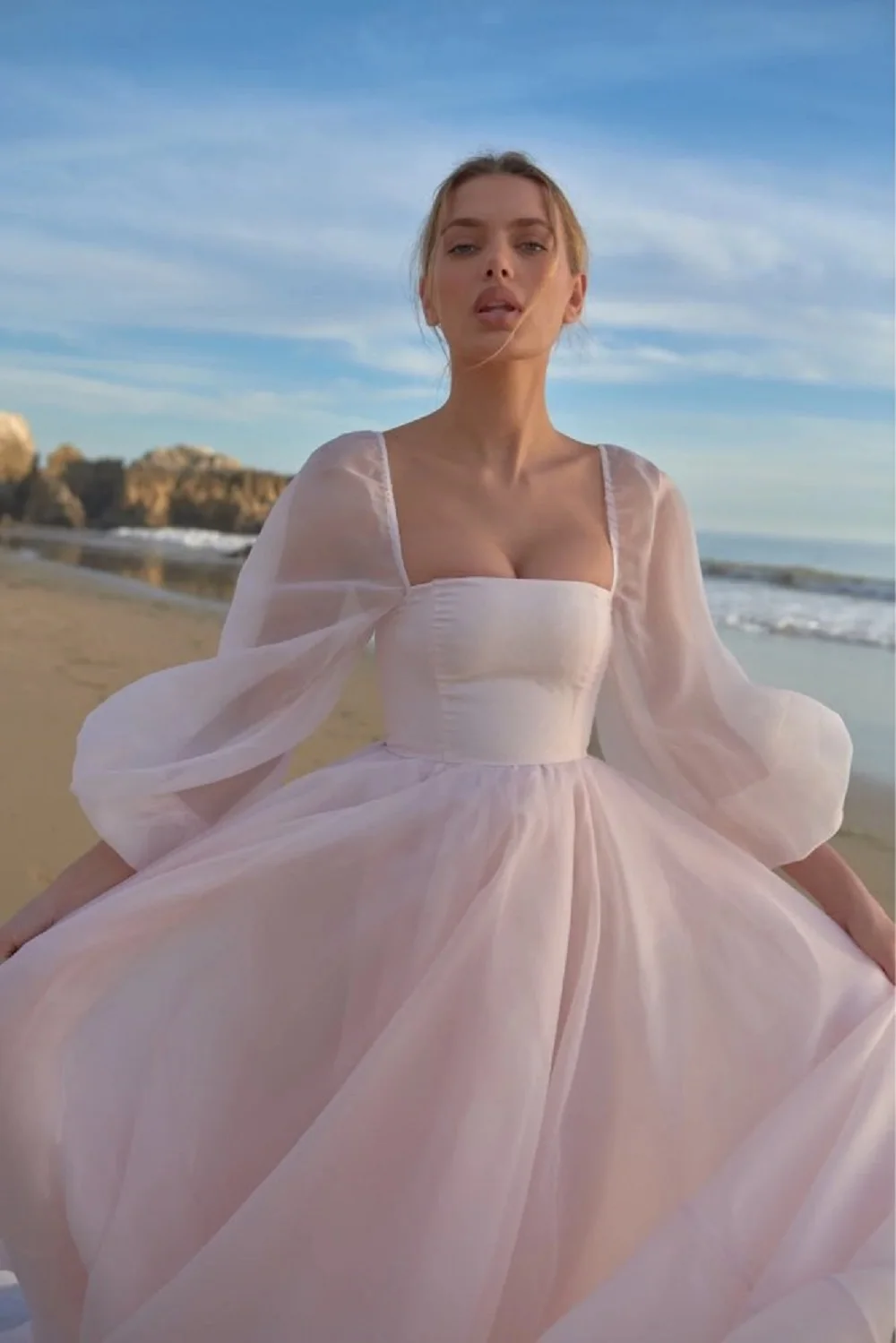 Eeqasn-Vestidos de Fiesta formales de manga larga abullonada para mujer, vestidos de Organza con cuello de barco, vestidos de graduación de playa, vestido de fotografía de boda de tren largo