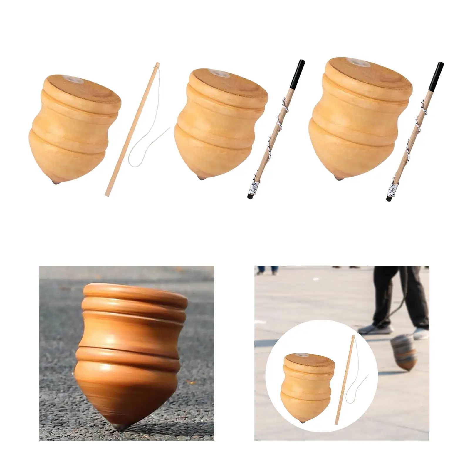 Wooden Trompos with Whip Rod Handmade Gyro Toy Coordination Abilities Wood Carved Tops for Children Kids Adults Beginners Games