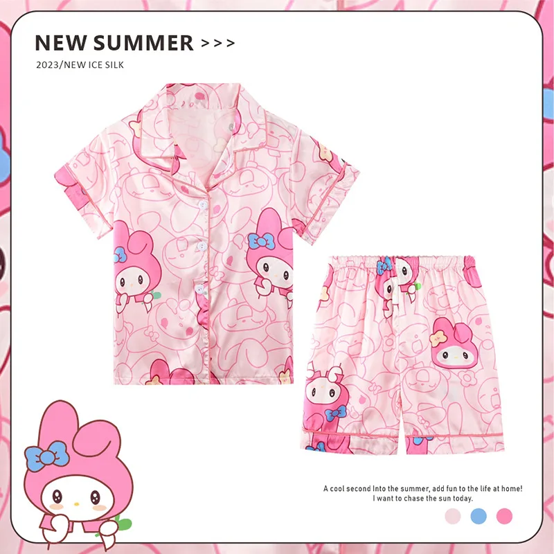 

Anime Sanrios Summer Kids Ice Silk Pajamas Kawaii MyMelody Kuromi Cinnamoroll Cartoon Short Sleeve Cardigan Loungewear Set