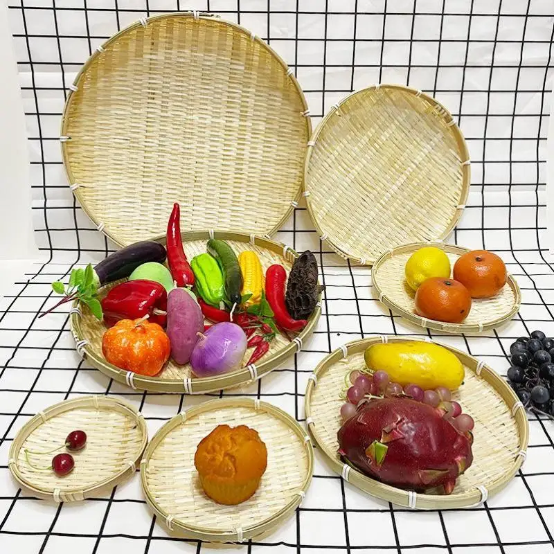 Woven Bamboo Tray Round Handmade Basket Decorative Serving Tray for Bread Fruit Living Room Kitchen and Dining Table Home Baking