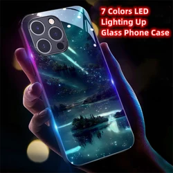 2024 Pretty Galaxy Beach Smart LED Light Glow Tempered Glass Phone Case For iPhone 16 15 14 13 12 11 Pro Max X XR XS SE2020 7 8