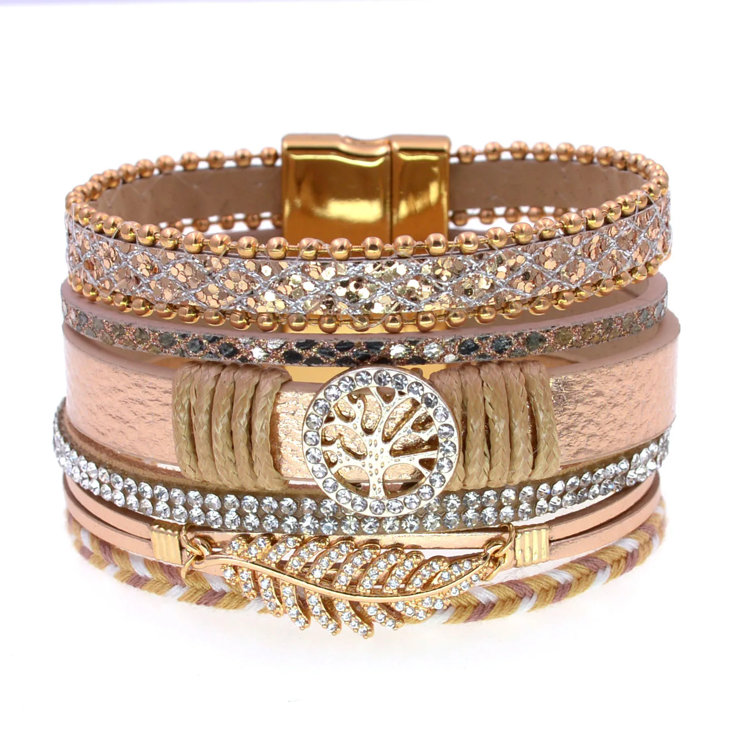 WELLMORE Micro inlaid rhinestone tree decorate leather bracelets for women Casual holiday wear cuff bracelet