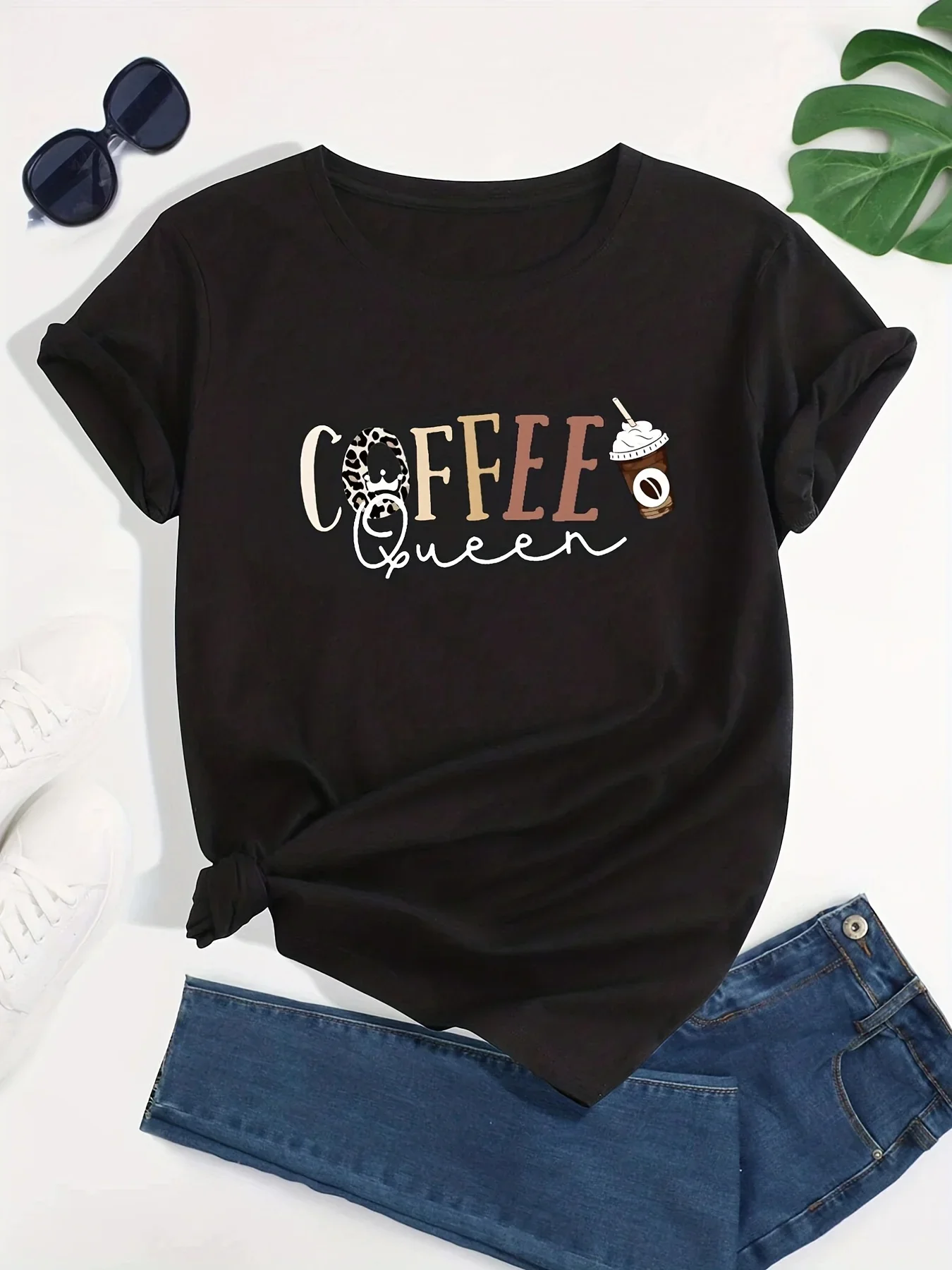 Women's Coffee Letter Print T-Shirt, Casual Crew Neck Short Sleeve T-Shirt, Casual Every Day Tops, Women's Clothing