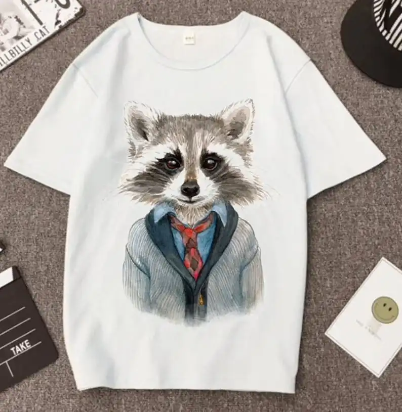 

Cute Racoon Hipster in Tie and Cardigan Print White T-Shirt Tee, Cute Funny Animal Print T-Shirt Tee Vest Blouse, Birthday Gift