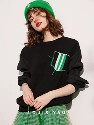 LOUIS YAO 2025 Spring Autumn Splicing Long Sleeve Hoodie Fashion Contrast Pocket Round Neck Shoulder Sleeves Women's Top