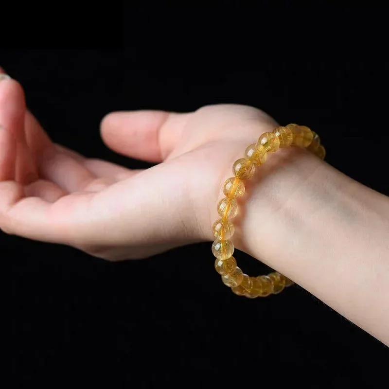 7-14mm Natural Gold Rutilated Quartz Bracelets Stone Beads Unisex Bracelet Women Crystal Stone  Jewelry Men Bangles Decoration